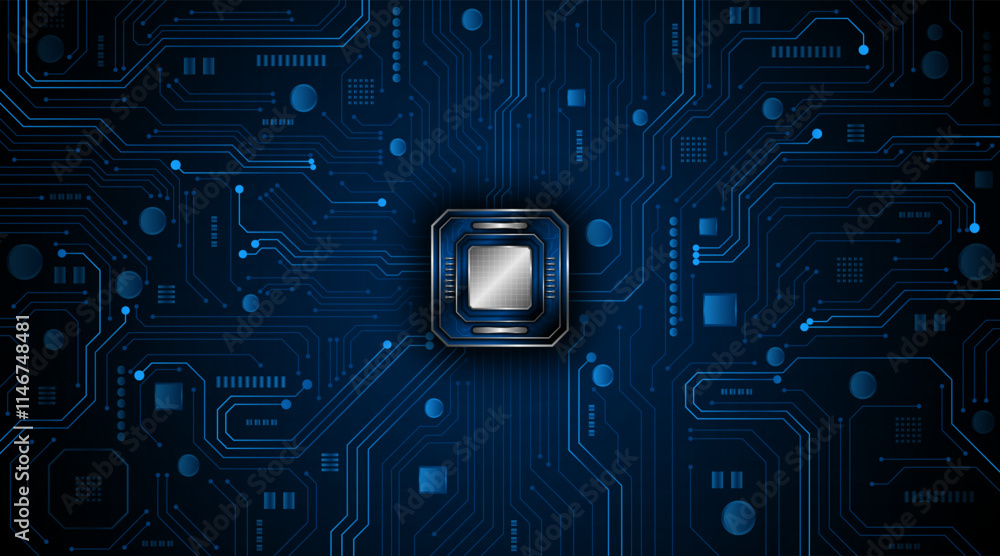 Leinwandbilder Microchip processor circuit board technology on dark blue background. Information Processing Concept. Circuit board hi-tech technology background. vector illustration	