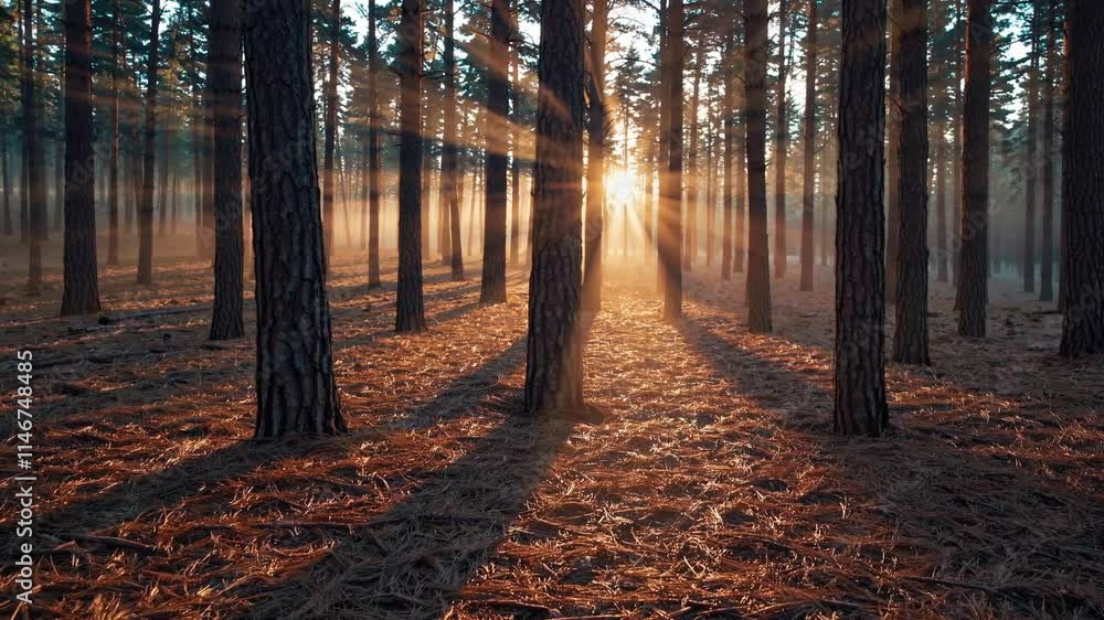 Poster sunlight streams through tall trees in a serene forest setting at dawn