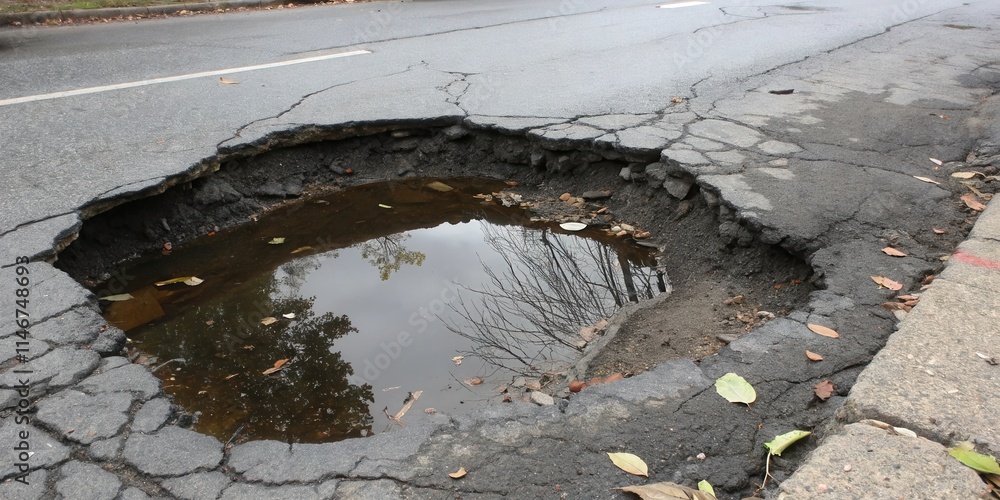 Poster a large pothole on a paved road filled with rainwater reflecting the surrounding trees and leaves