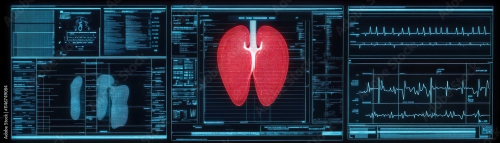 Poster detailed digital display of lungs with vital signs and medical data in a high-tech environment for h