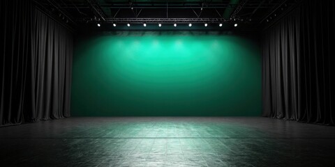 A Simple Stage Setting with Black Curtains and Green Background, Perfect for a Presentation or Performance