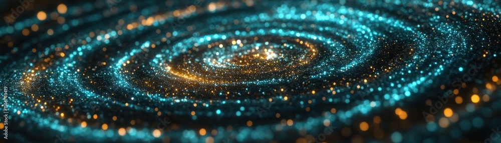 Poster captivating starry swirl in cosmic space with vibrant blue and gold glittering particles effect crea