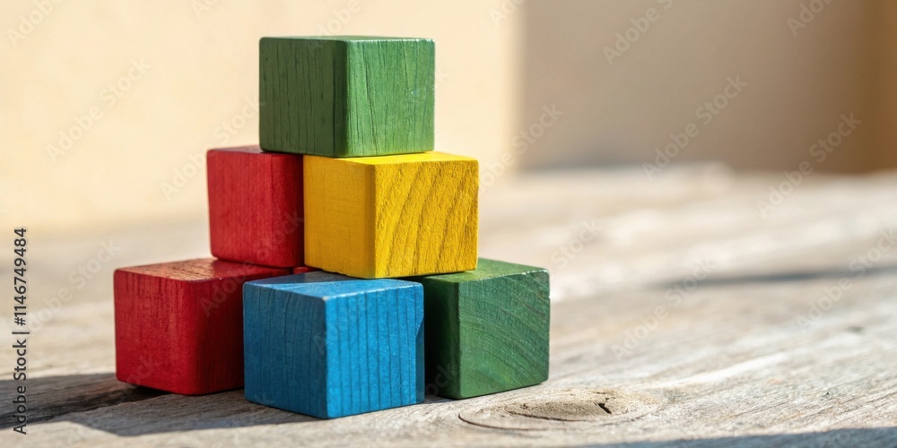 Aufkleber stack of brightly colored wooden blocks arranged in a pyramid shape on a weathered wooden surface