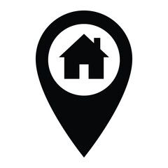 Map pointer with house vector icon. Home map pin symbol for location, real estate, and address design. Black pictogram isolated on white background.