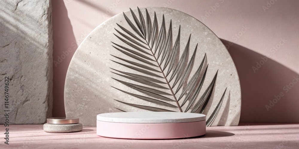 Poster A Minimalist Product Display Featuring a Circular Platform with a Palm Leaf Background and a Stone Element