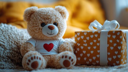 Adorable golden teddy bear wearing a white T-shirt with a red heart, sitting next to a beautifully wrapped golden gift box with heart patterns, surrounded by a warm yellow background.