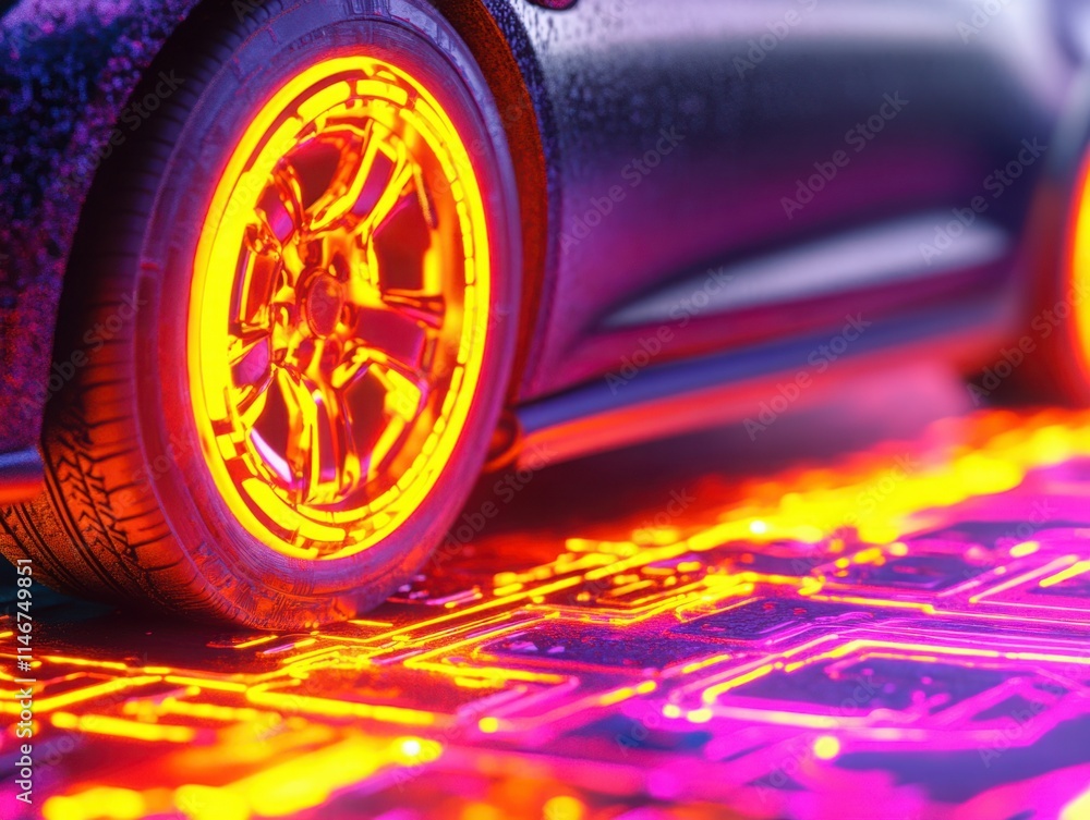 Poster close-up view of a futuristic car tire with glowing neon wheels on a vibrant circuit pattern backgro