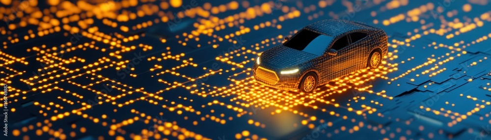 Aufkleber futuristic concept of a car traveling on a digital circuit with glowing nodes and lines representing