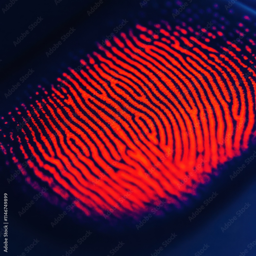 Poster close-up of a red and black abstract fingerprint design on a dark background, representing identity,