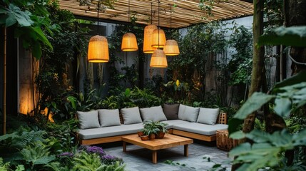 Tranquil outdoor lounge with hanging lamps, lush greenery, and comfortable seating.