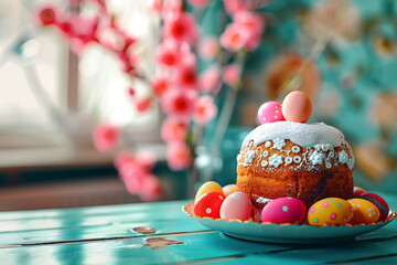 Easter cake with colorful eggs on a table, festive and cheerful holiday decoration for celebration.
