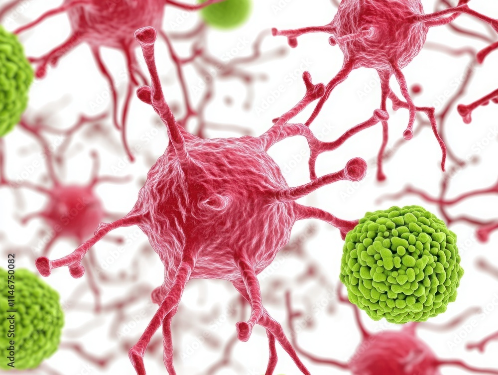Poster close-up view of complex cellular structures highlighting red stem cells interacting with green immu