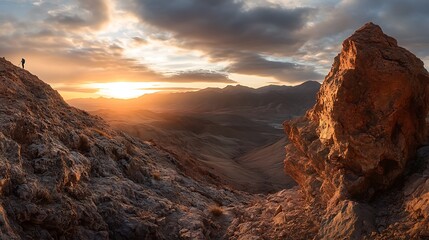 Fototapeta premium Majestic sunset over a vast mountain range, a lone figure stands on a peak.
