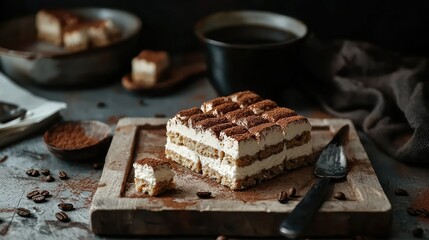 Delicious Tiramisu Dessert with Coffee and Cocoa on Rustic Wooden Table Surrounded by Coffee Beans and an Elegant Dark Background for Culinary Inspiration