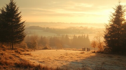 Fototapeta premium Serene Winter Landscape at Sunrise with Frosty Meadows, Silhouetted Trees, and Soft Golden Light Over Rolling Hills and Fields in Quiet Nature Scene