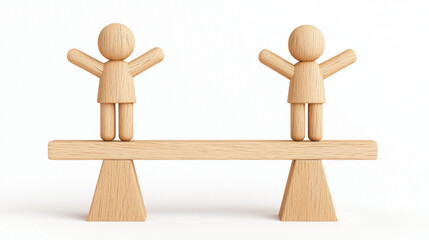 Leadership, wooden seesaw with two figures balanced on each side, symbolizing harmony and playfulness