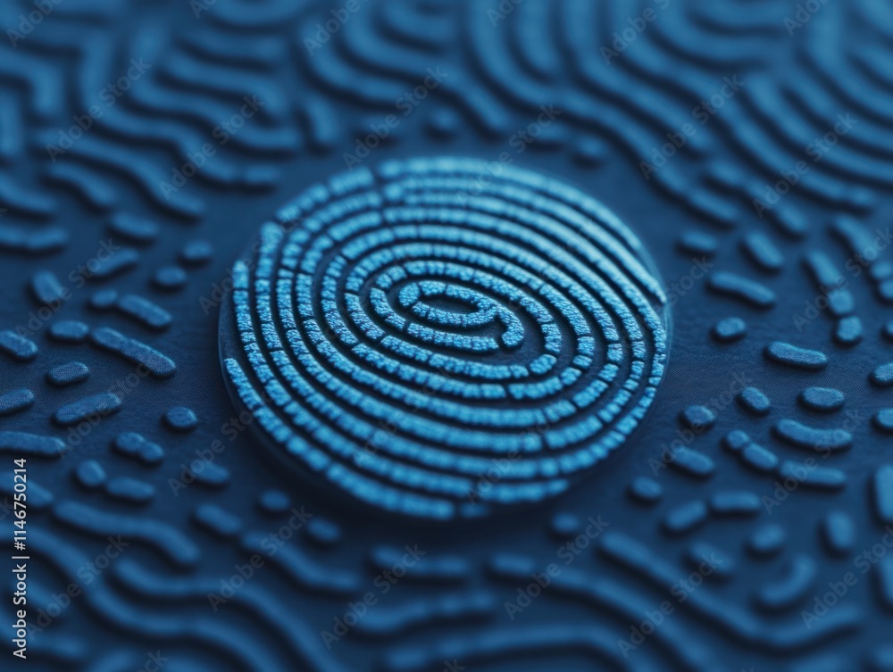 Poster detailed close-up view of a vibrant blue fingerprint pattern on a textured dark background, showcasi
