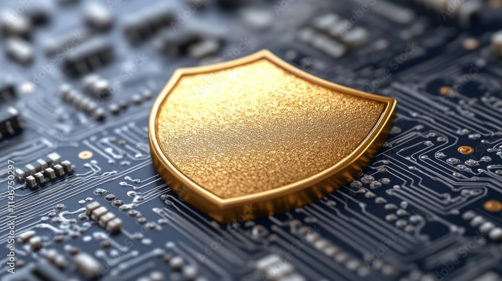 Poster a three-dimensional golden shield on dark circuit board illustrating the concept of cybersecurity an