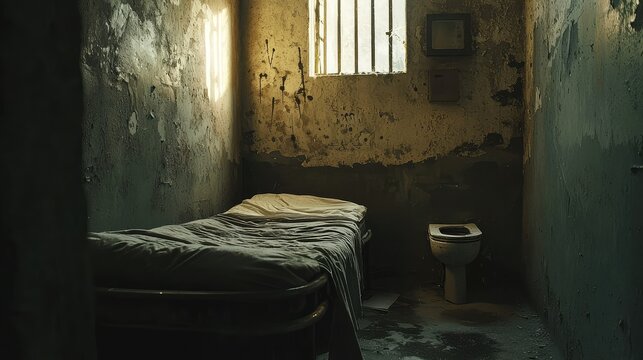 Abandoned prison cell interior featuring a single bed with unkempt bedding, a grimy toilet, and weathered walls illuminated by soft sunlight through barred windows