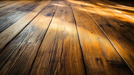 Sunlit rustic wooden floor, planks, texture, grain.
