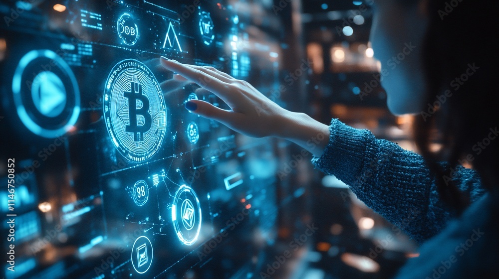 Poster a person interacting with a digital interface showcasing cryptocurrency data.