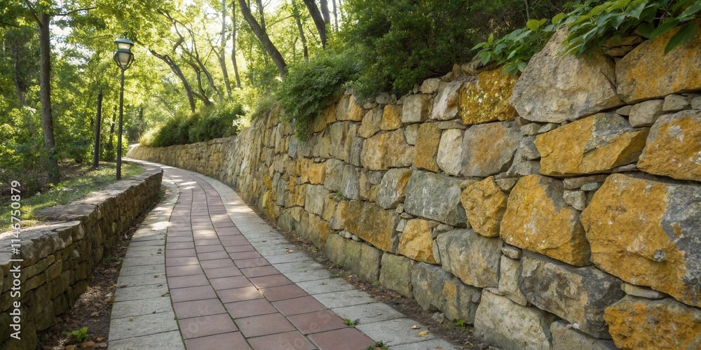 Aufkleber a winding stone path flanked by a rustic stone wall, illuminated by a single streetlamp, leading thr