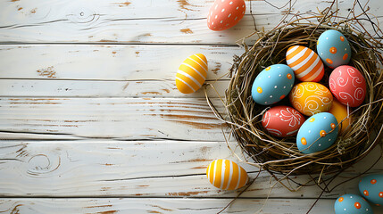 Easter eggs arranged on a rustic wooden background, vibrant and natural festive setting.