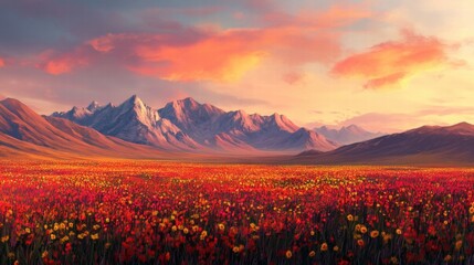 sunset over vibrant wildflower meadow and majestic mountains