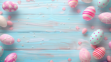 Easter eggs arranged on a rustic wooden background, vibrant and natural festive setting.