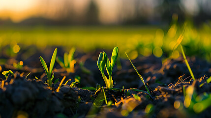Ecological background featuring a field with young green sprouts, symbolizing growth and sustainability.