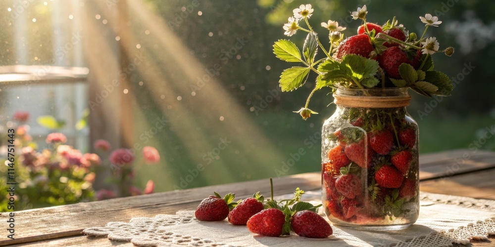 Poster a glass jar filled with fresh strawberries and green foliage on a rustic wooden table with sunlight 
