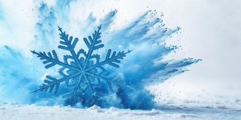 A blue snowflake is partially obscured by an explosion of powder, creating a winter wonderland effect.