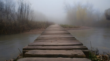 Obraz premium desolate wooden bridge stretches across foggy river, evoking mystery and solitude