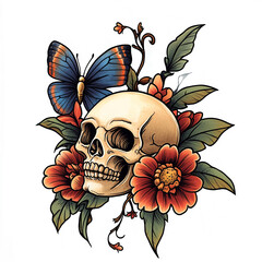 Skull and Butterfly Sleeve tattoo flash illustration