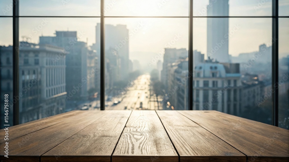 Poster empty wooden table with a blurred city skyline view through large windows