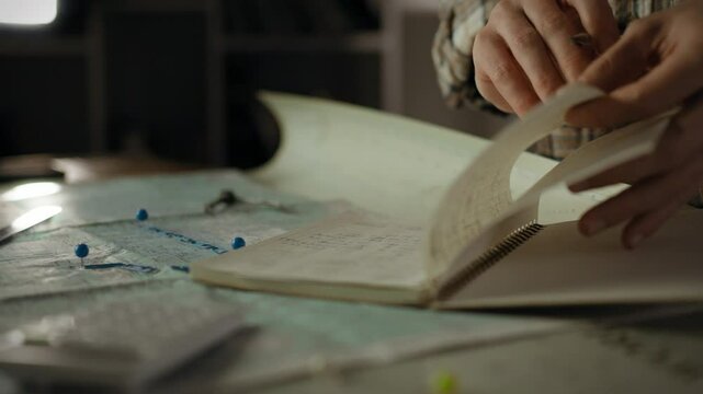 A person is focused on studying maps and writing notes at a desk. It is late evening, with a subtle light illuminating the workspace and various documents laid out