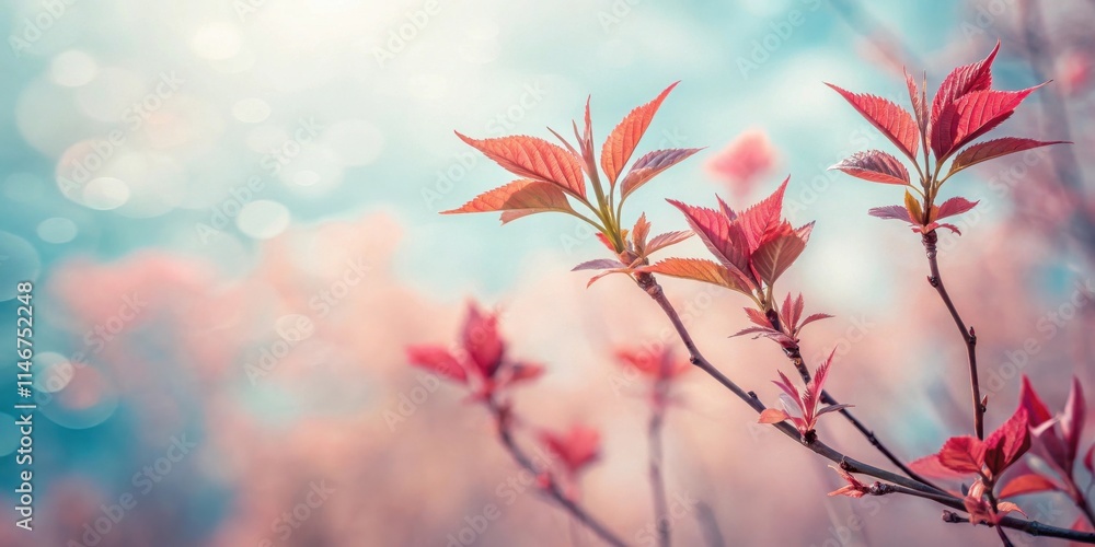 Aufkleber a delicate branch with vibrant red leaves reaching towards a soft, blue sky with a subtle bokeh effe