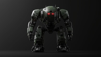 Futuristic Sci-Fi Mech Soldier In Black With Green And Gray Metal Armor, Red Luminous Eyes, Front View Rendering.