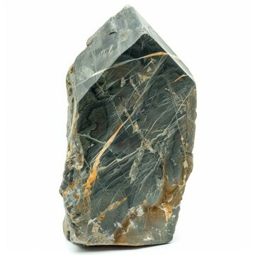 Rough black tourmaline crystal point with golden rutile inclusions, isolated on white background