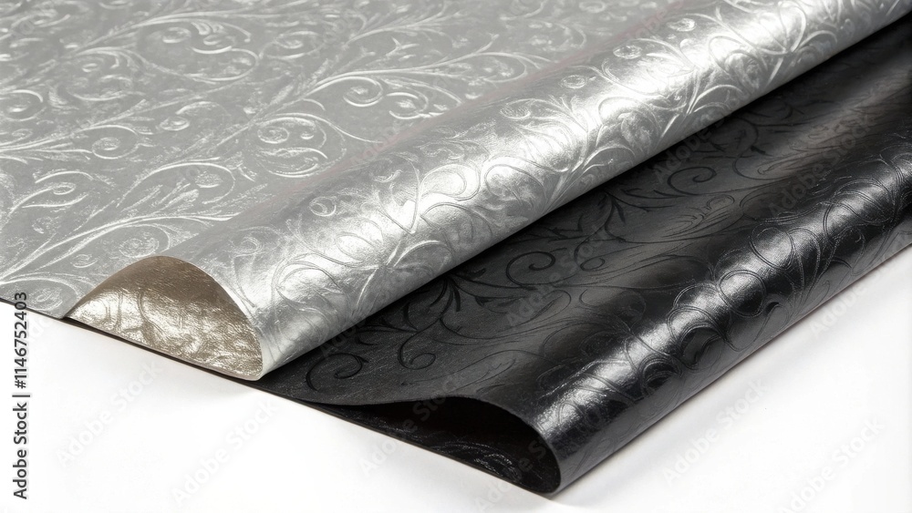 Poster a close-up of two textured fabrics with swirling patterns, one black and the other silver, folded ov