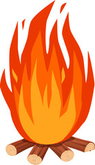 Bonfire burning brightly with vibrant flames over stacked wooden logs, set against a clean white background, perfect for capturing the essence of camping, adventure, and outdoor experiences