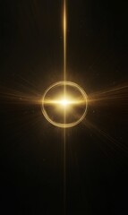 Subtle golden light burst with halo rings on a pure black background, soft glow and sharp light rays