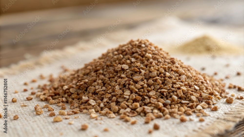 Poster a close up image of a pile of toasted buckwheat groats on a rustic wooden background.