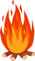 Bonfire burning with bright flames on a white background, featuring logs arranged in a star shape, perfect for outdoor activities like camping and cooking