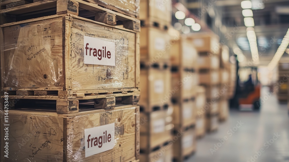 Poster wooden crates marked fragile in a warehouse setting, showcasing organized storage and handling of de