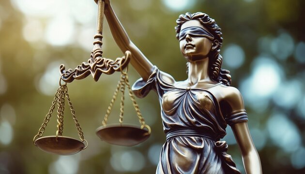 Statue Of Themis Representing Justice, Scales Of Law, And Lawyer Symbolizing Legal System In Title Case