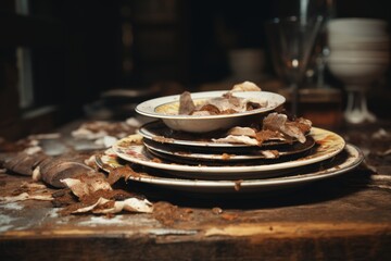 Dirty plates on rustic wooden table. Selective focus