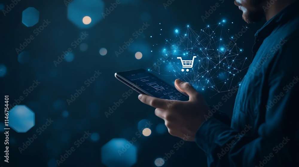 Poster a person using a tablet with a shopping cart icon and digital connections.