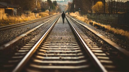Solitary Figure Walking Along an Abandoned Railway Track Surrounded by Nature and Autumn Foliage in a Quiet, Peaceful Setting