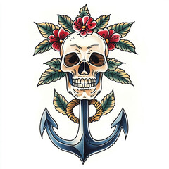 Skull and Anchor tattoo flash illustration